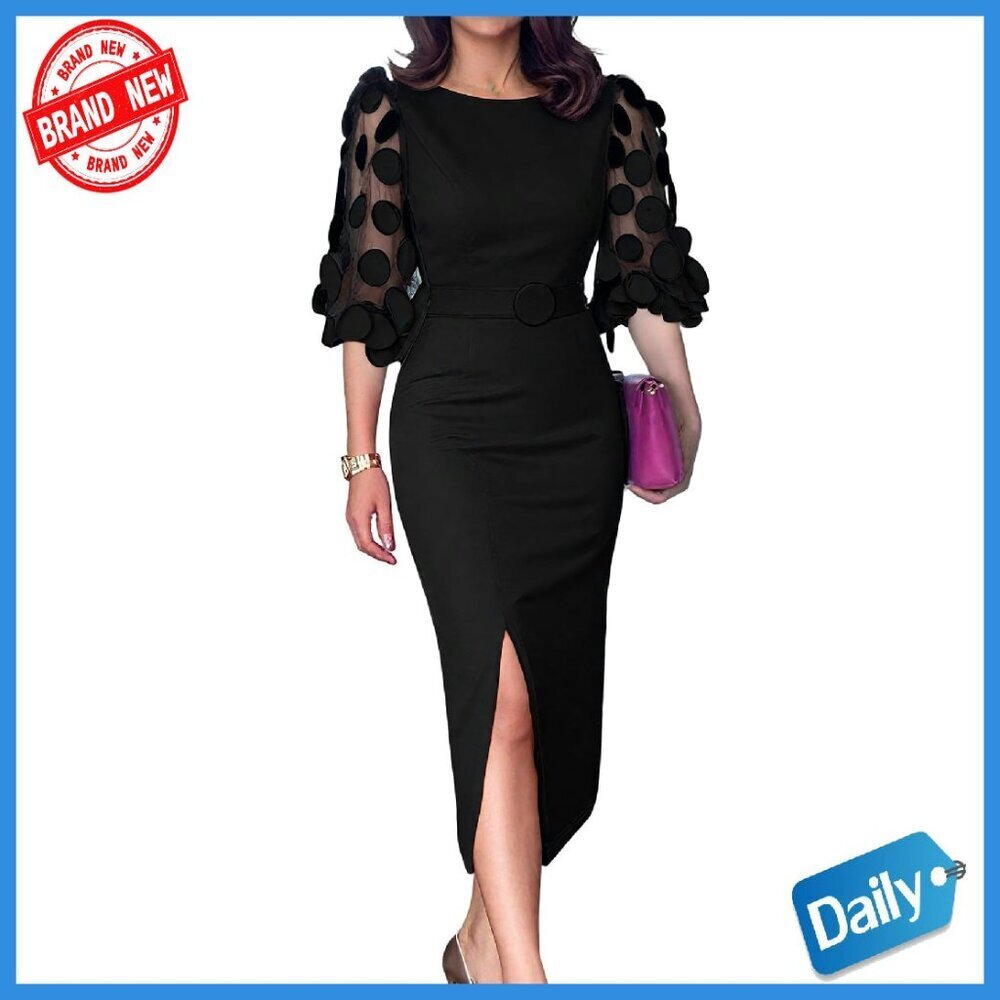 Mesh Puff Sleeve Bodycon Midi Dress with Belt for Work Cocktail Wedding